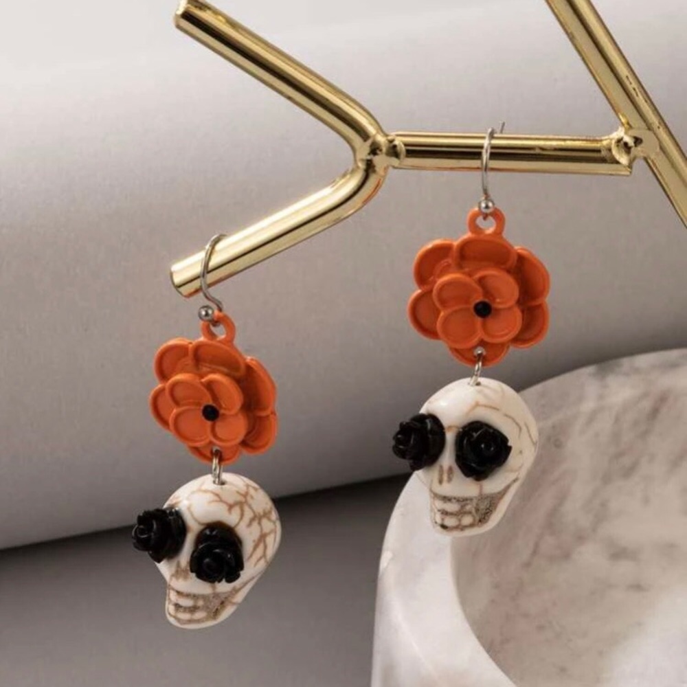 Orange Flower Sugar Skull Skeleton Earrings - Picture 2 of 7